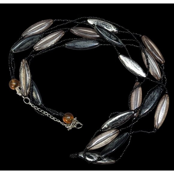 Modern Black Glass And Smoky Grey Beaded Layered Necklace - Picture 1 of 6